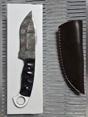 Custom Damascus Fixed Blade Knife with Black Sculpted Handle Sheath
